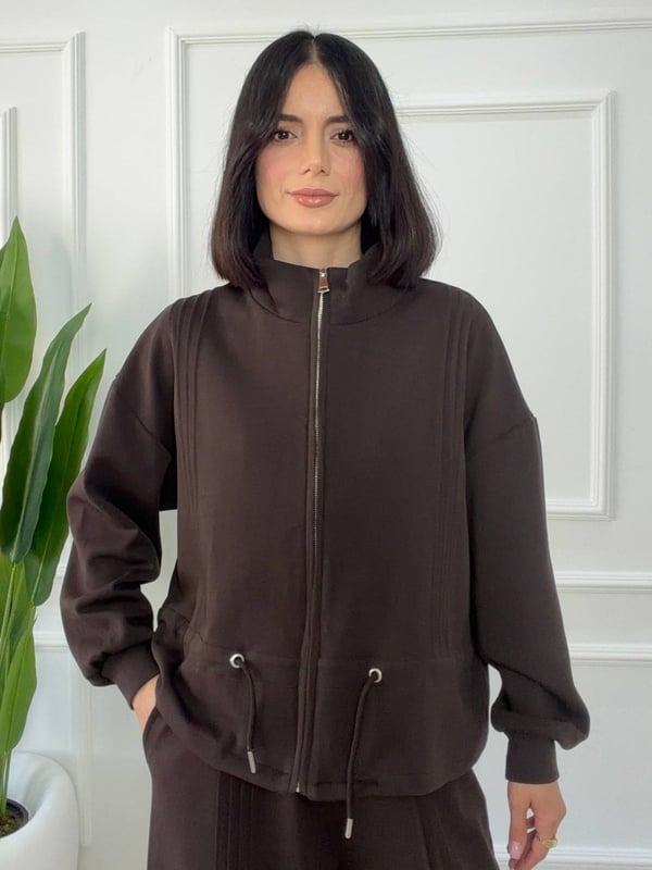 Beli Büzgülü Fermuarlı Ceket Pantolon Takım - KAHVE