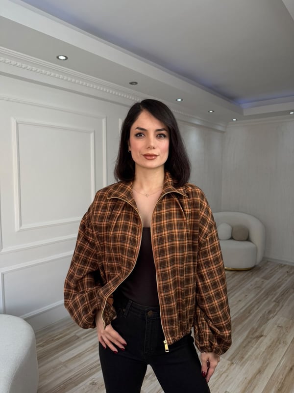 Ekose Desenli Fermuarlı Oversize Mont - KİREMİT