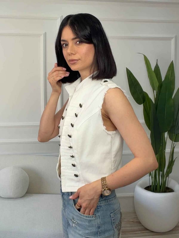 Hakim Yaka Düğme Detaylı Denim Yelek - EKRU