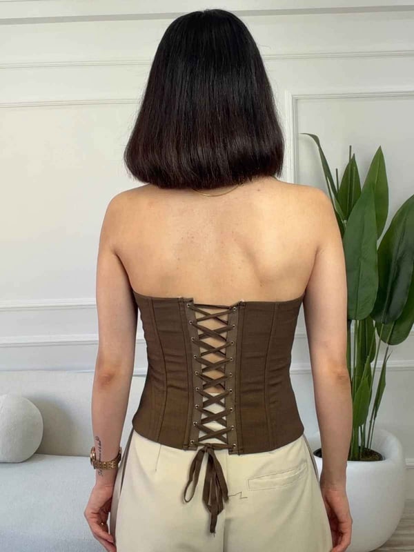 Halter Yaka Bağcıklı Korse Büstiyer - KAHVE