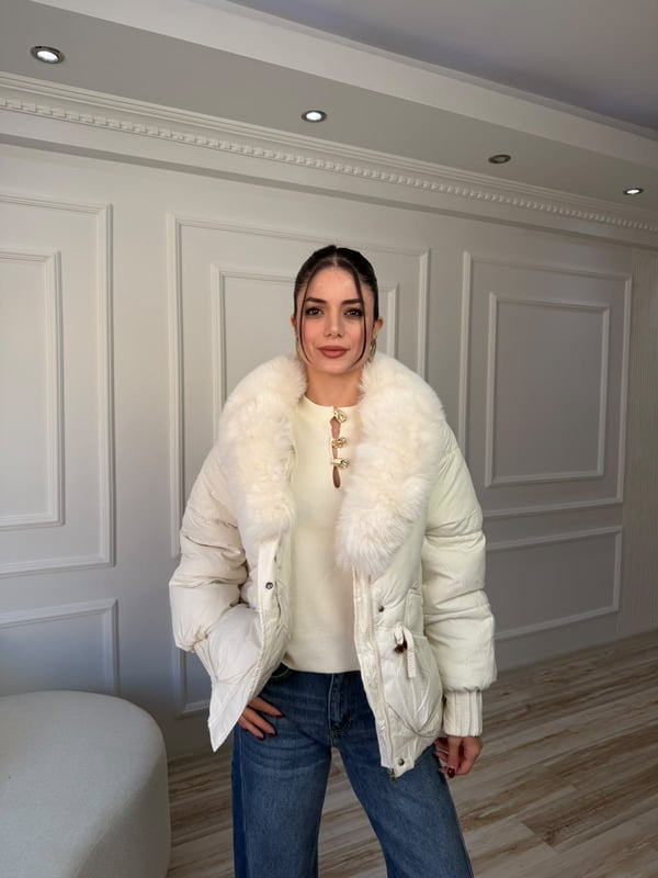 Kürk Yaka Büzgü Bel Şişme Mont - EKRU