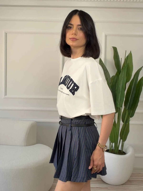 Nakış Yazı Detaylı Oversize Tişört - EKRU