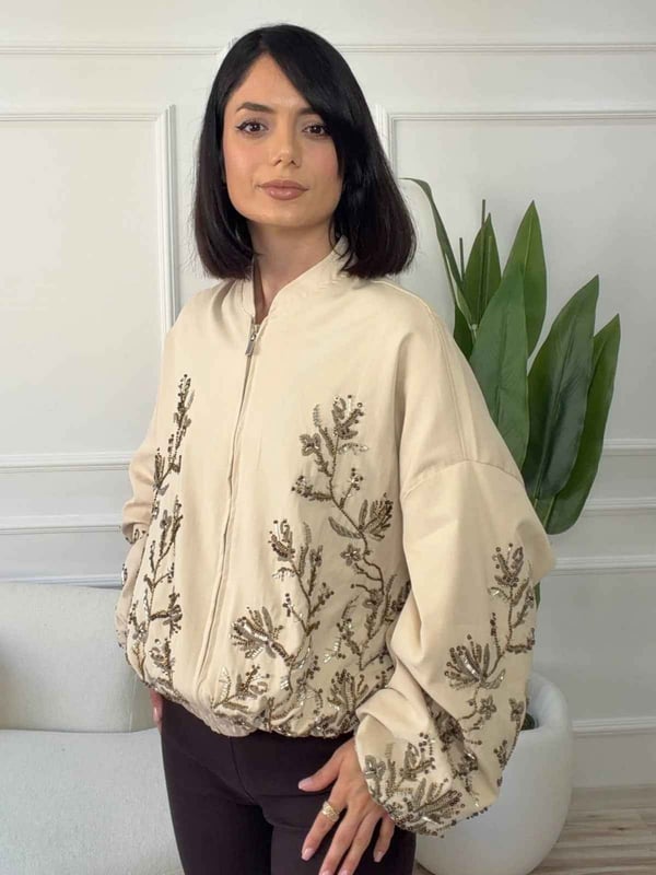 Taş İşlemeli Bomber Mont  - BEJ