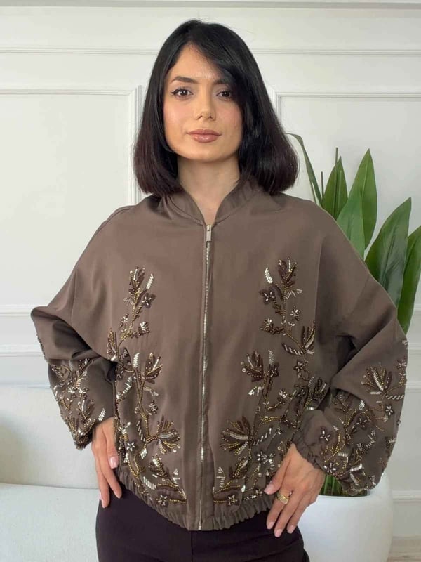 Taş İşlemeli Bomber Mont - KAHVE