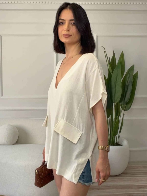 V Yaka Cep Detaylı Oversize Bluz - EKRU