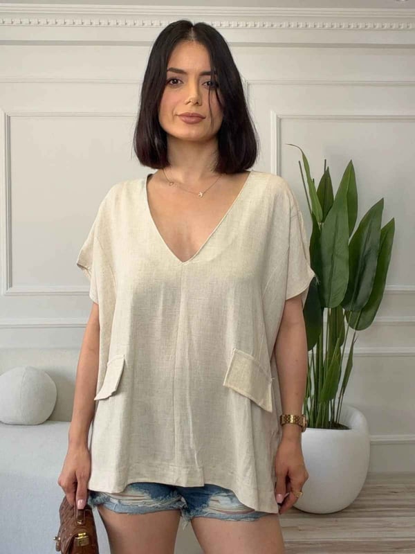 V Yaka Cep Detaylı Oversize Bluz - NATURAL