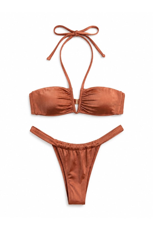 XSTIL Swimwear Kiremit Büzgülü Bağlamalı Bikini Takımı