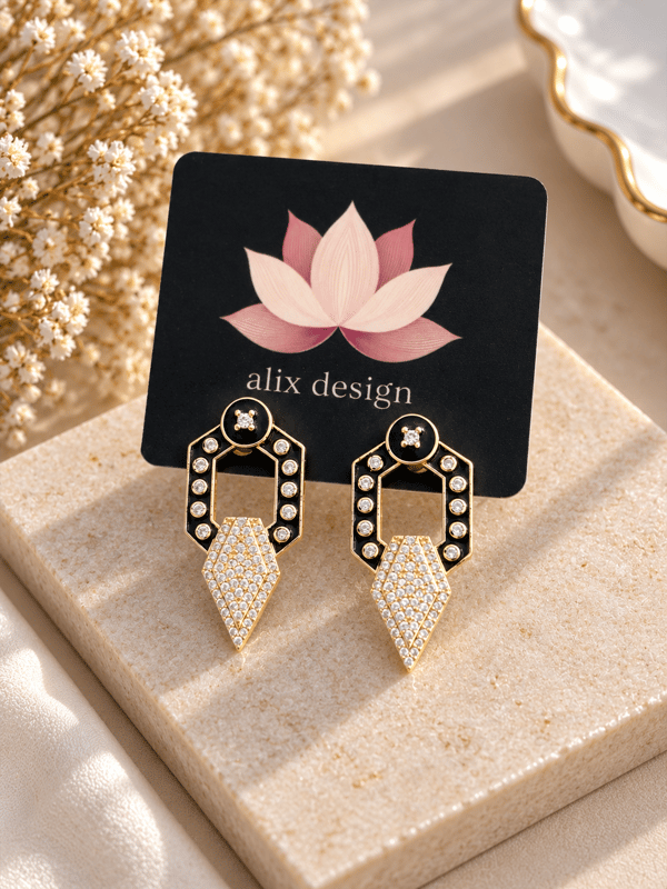 Black Enamel Geometric Drop Earrings