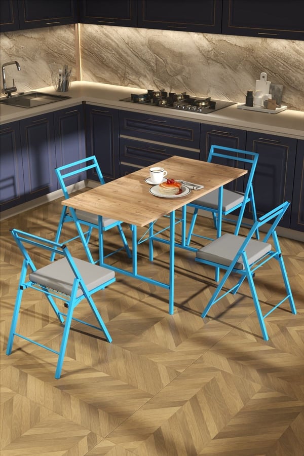 1 Adet Katlanır Mavi Metal Sandalye Minderli Bistro Sandalye 2024m