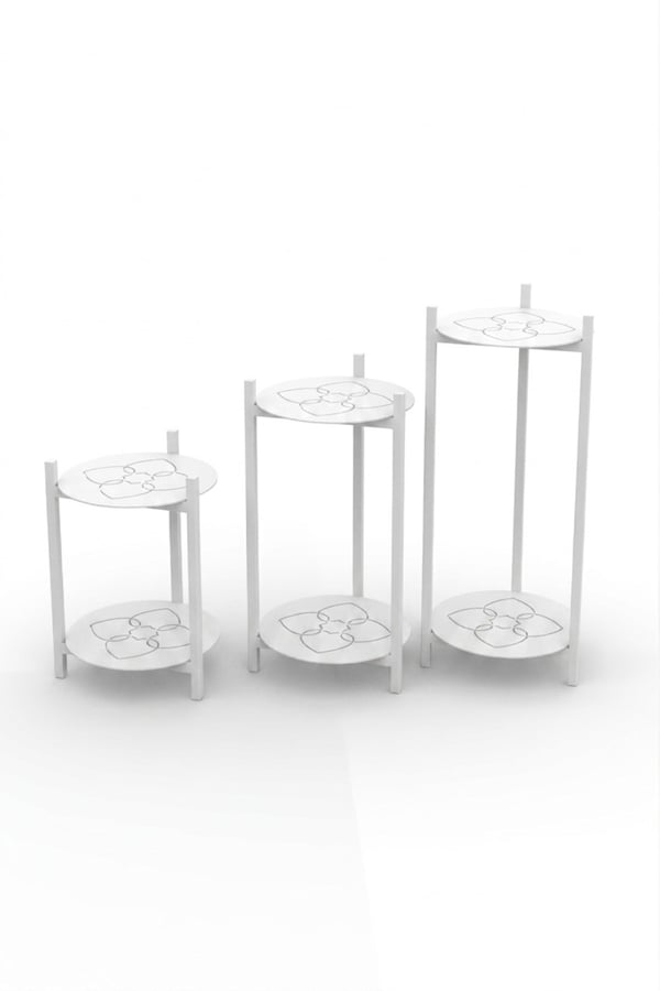 3 BOY BEYAZ METAL TEPSİLİ ÇİÇEKLİK, ÇİÇEK RAFI 1496