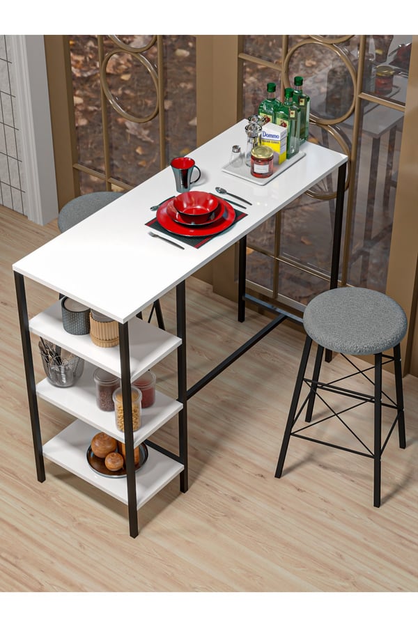 RETODESİGN BEYAZ RAFLI YUVARLAK TABURELİ BAR TAKIMI 4651A