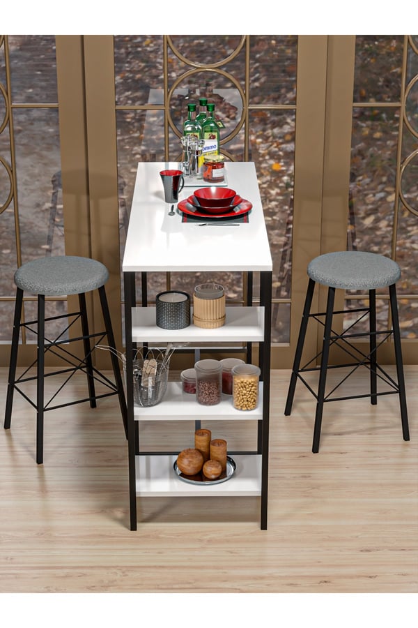 RETODESİGN BEYAZ RAFLI YUVARLAK TABURELİ BAR TAKIMI 4651A