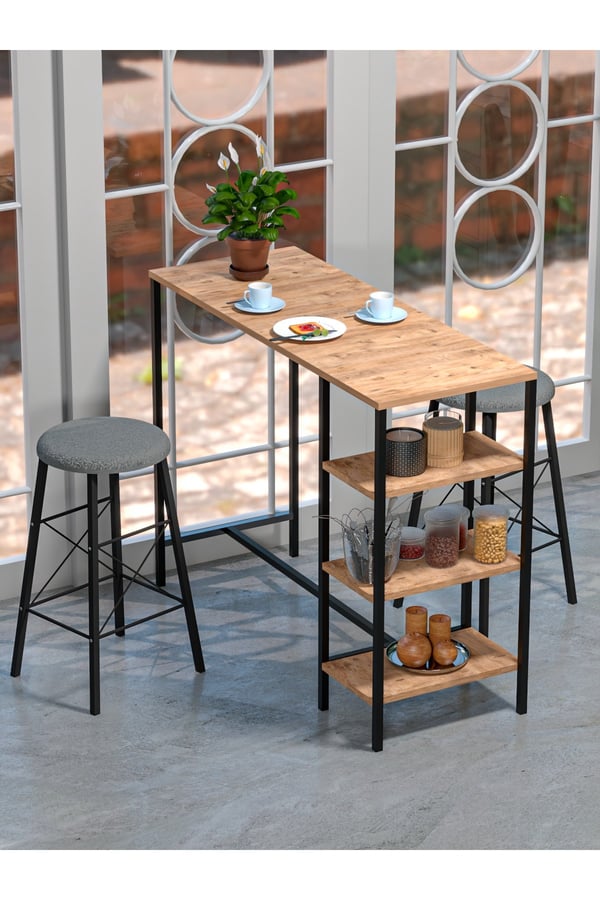 RETODESİGN RAFLI YUVARLAK TABURELİ BAR TAKIMI 4651A