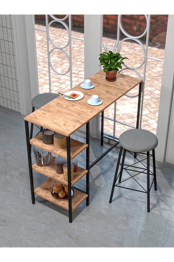 RETODESİGN RAFLI YUVARLAK TABURELİ BAR TAKIMI 4651A