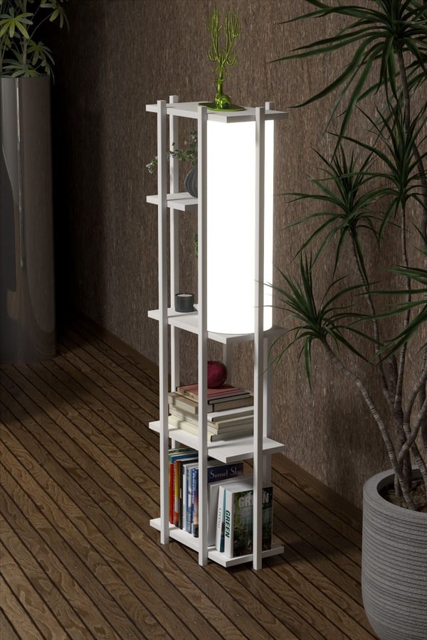 RETOHOME 5 RAFLI LAMBADERLİ KİTAP RAFI.,KİTAPLIKLI LAMBADER BEYAZ