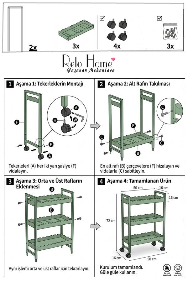 Retohome Yeşil Tekerlekli Raflı Organizer, Şişelik Raf