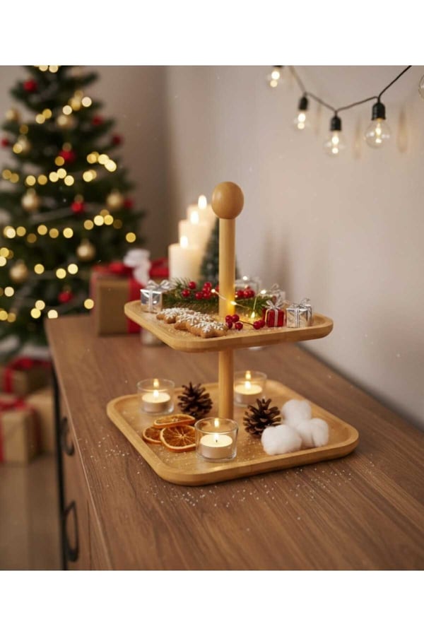 2 Katlı Kare Bambu Sunumluk – Doğal Bambu Servis Standı, Kek & Pasta Sunum Tepsisi