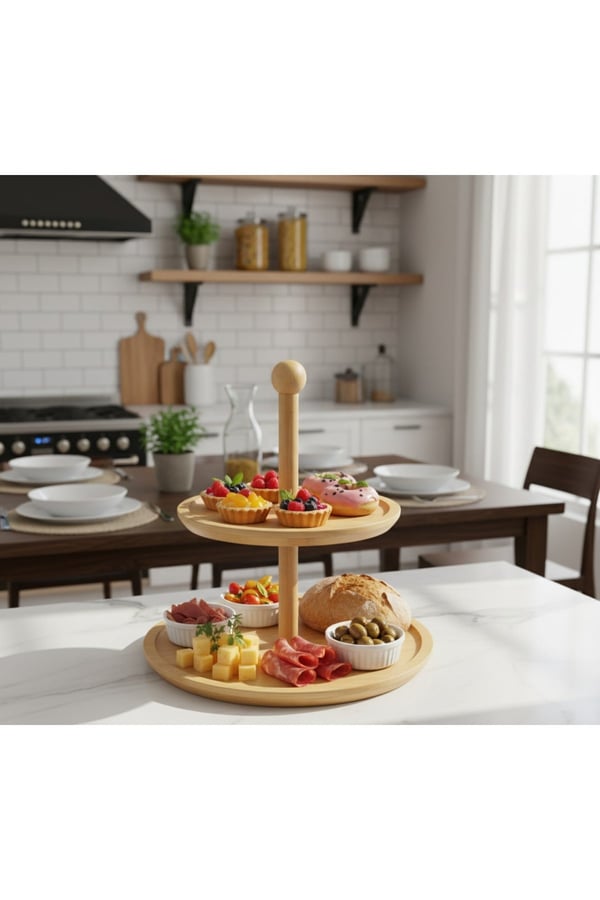 2 Katlı Yuvarlak Bambu Sunumluk – Doğal Bambu Servis Standı, Kek & Pasta Sunum Tepsisi