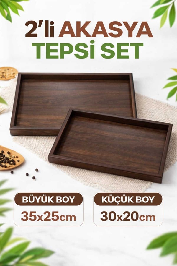2'li Akasya Ahşap Sunum ve Dekoratif Organizer Tepsi Seti