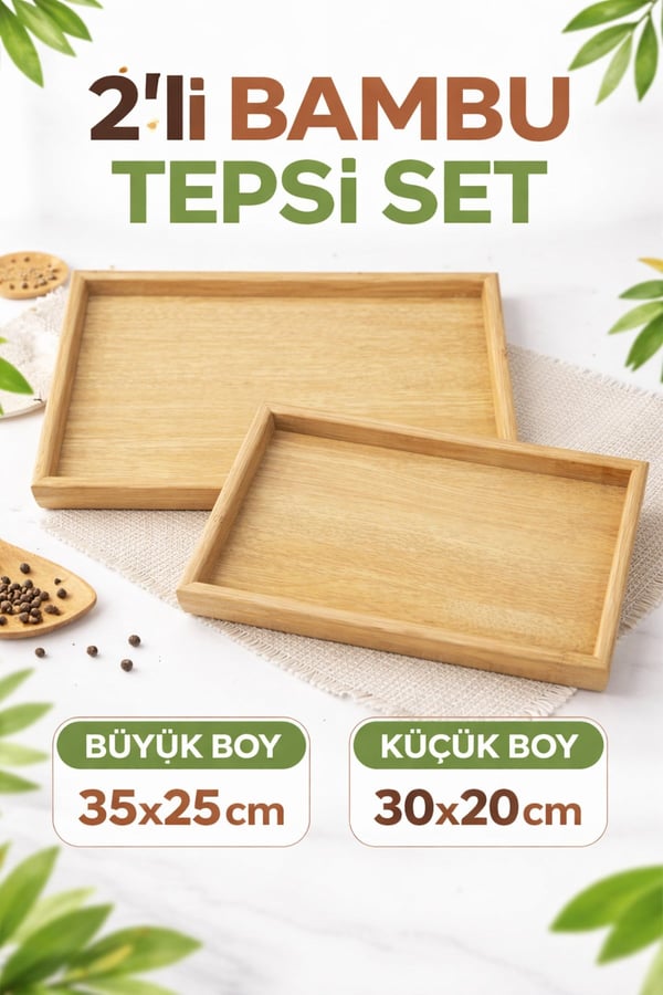 2'li Bambu Ahşap Sunum ve Dekoratif Organizer Tepsi Seti
