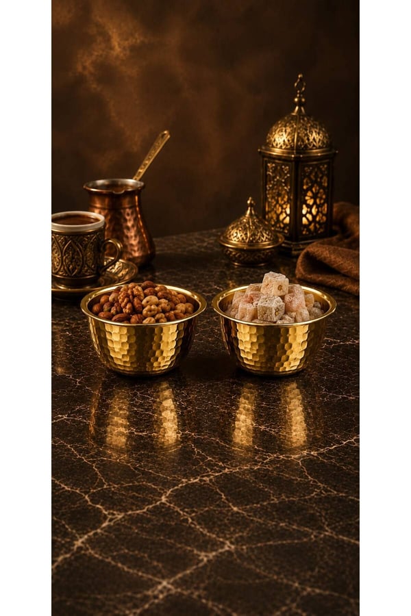 2'li Gold Dövme Desen Paslanmaz Metal Çerezlik & Lokumluk - Dövme Desenli Gold Sunum Kasesi 240ml