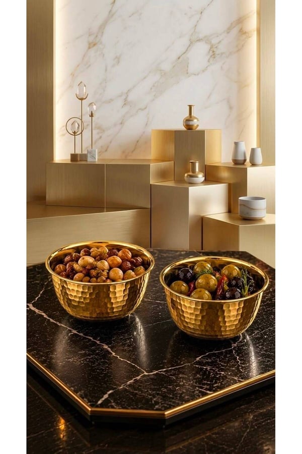 2'li Gold Dövme Desen Paslanmaz Metal Çerezlik & Lokumluk - Dövme Desenli Gold Sunum Kasesi 240ml
