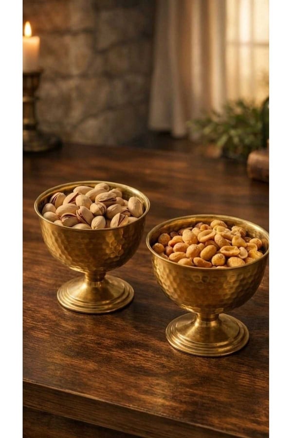 2'li Gold Metal Ayaklı Çerezlik & Lokumluk - Dövme Desenli Gold Sunum Kasesi 240ml