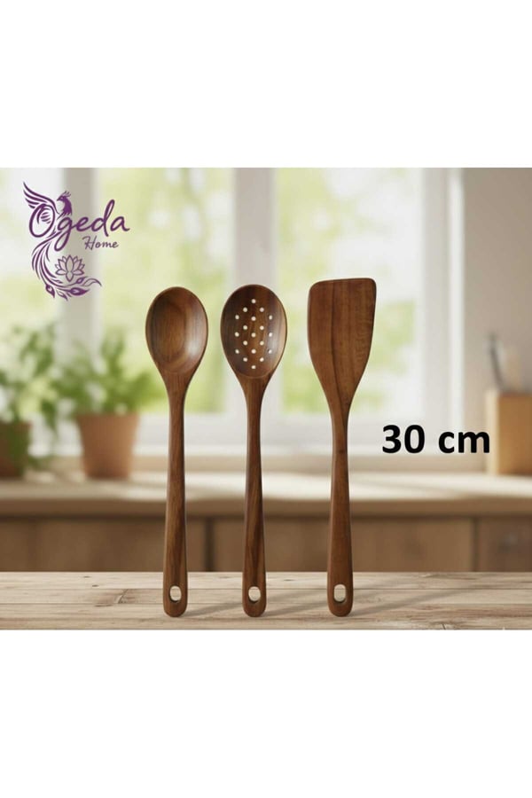 3’lü Akasya Ahşap Kaşık Seti – Doğal 30 cm Mutfak Karıştırma & Servis Kaşığı