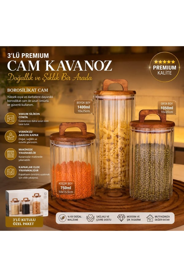3’lü Akasya Kapaklı Kare Cam Kavanoz Seti - Vakum Kapaklı Erzak Saklama Kavanozu