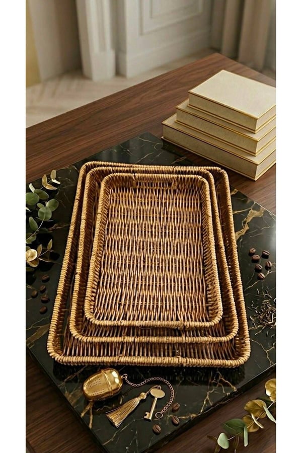 3’lü Rattan Dikdörtgen Tepsi Seti – Hasır Servis & Sunum Tepsisi - 3'lü Rattan Servis Sunum Tepsisi Dikdörtgen Model 40 x 30