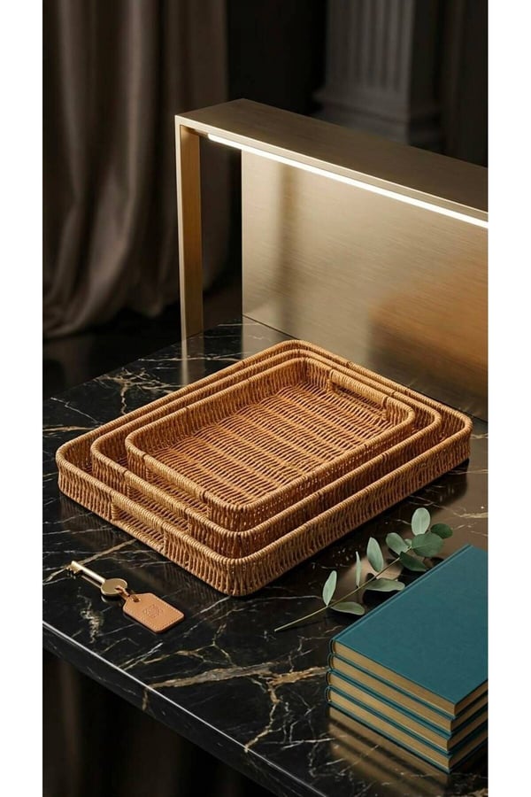 3’lü Rattan Dikdörtgen Tepsi Seti – Hasır Servis & Sunum Tepsisi - 3'lü Rattan Servis Sunum Tepsisi Dikdörtgen Model 40 x 30