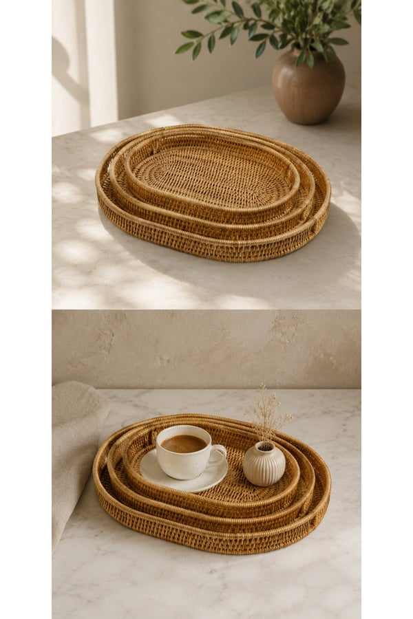 3’lü Rattan Oval Tepsi Seti – Hasır Servis & Sunum Tepsisi - 3'lü Rattan Servis Sunum Tepsisi Oval Model 40 x 30