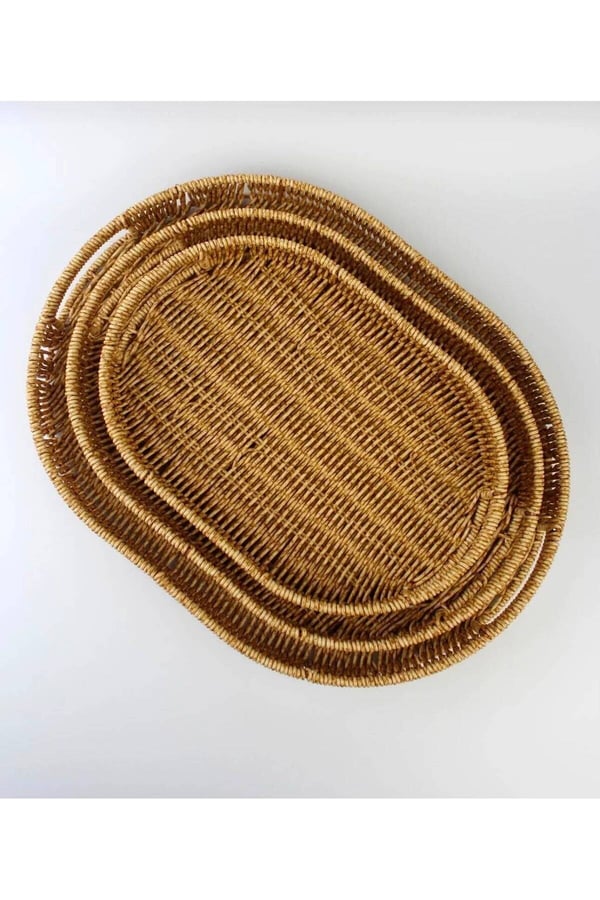 3’lü Rattan Oval Tepsi Seti – Hasır Servis & Sunum Tepsisi - 3'lü Rattan Servis Sunum Tepsisi Oval Model 40 x 30