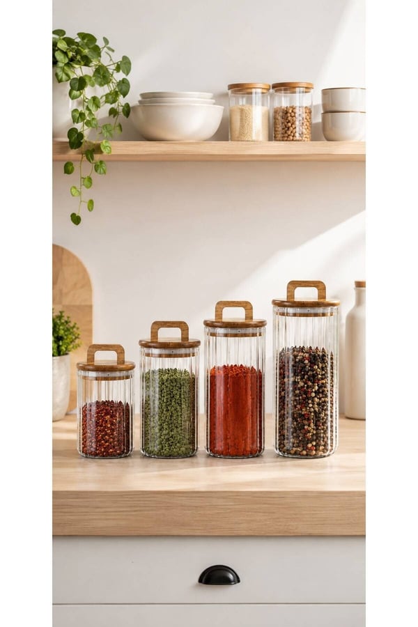 4 Boy Akasya Kapaklı Kavanoz Seti - 700 ml-1100 ml-1500 ml-1850 ml - Kavanoz Seti Saklama Kabı