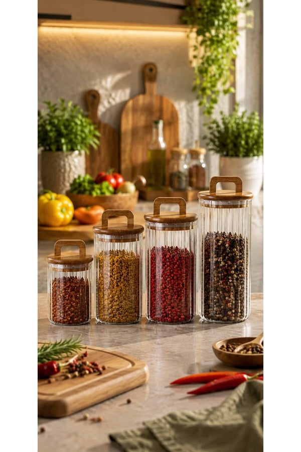 4 Boy Akasya Kapaklı Kavanoz Seti - 700 ml-1100 ml-1500 ml-1850 ml - Kavanoz Seti Saklama Kabı