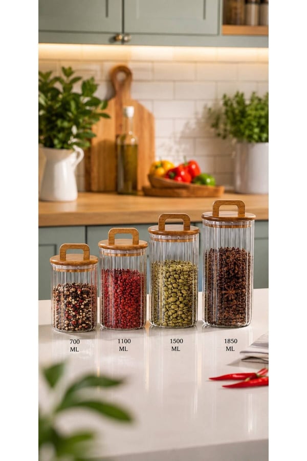 4 Boy Akasya Kapaklı Kavanoz Seti - 700 ml-1100 ml-1500 ml-1850 ml - Kavanoz Seti Saklama Kabı