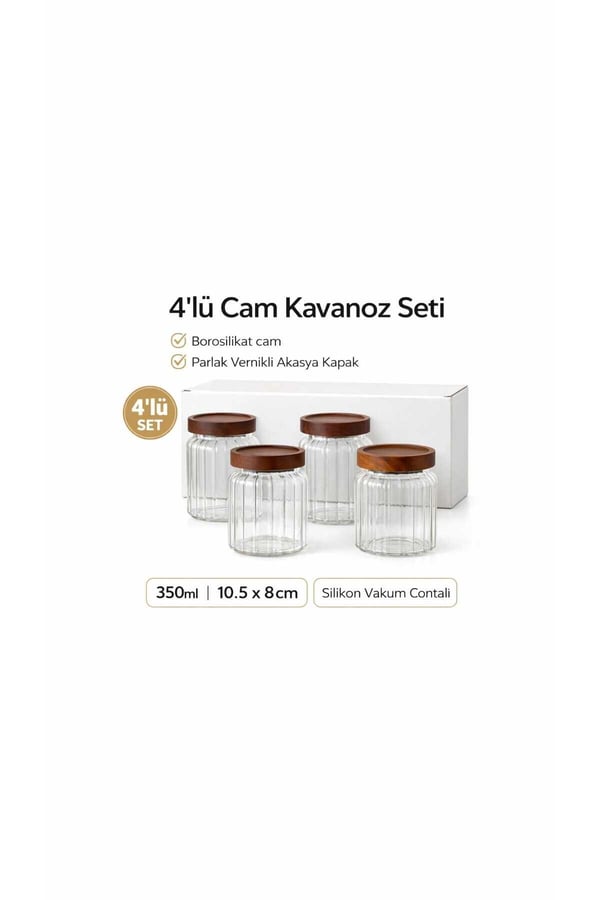 4’lü Cam Kavanoz Seti – Mien 350 ml Akasya Kapaklı, Hava Geçirmez Yuvarlak Saklama Kavanozu
