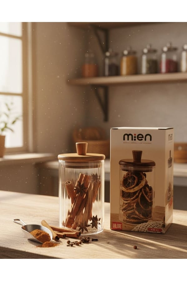 420 ml Akasya Kapaklı Cam Baharatlık – Saklama Kavanozu – Mien Tekli Baharatlık