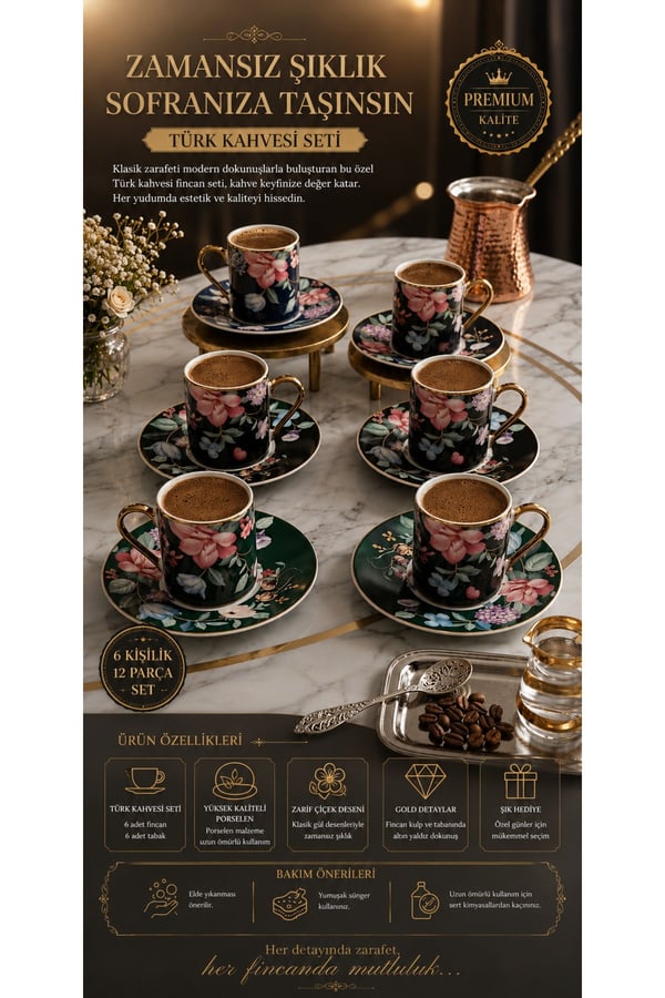 6 Kişilik Çok Renkli Çiçekli Fincan Takımı - Balsa 3 Renk Çiçekli Fincan Takımı