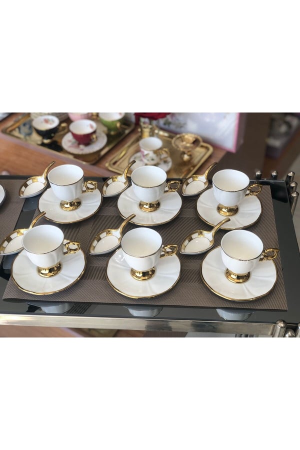 6 Kişilik Gold Detaylı Kahve Fincan Takımı - 6 Kişilik Gold Porselen Kahve Fincan Takımı 90 ml RSY-271