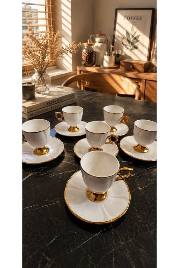 6 Kişilik Gold Detaylı Kahve Fincan Takımı - 6 Kişilik Gold Porselen Kahve Fincan Takımı 90 ml RSY-271