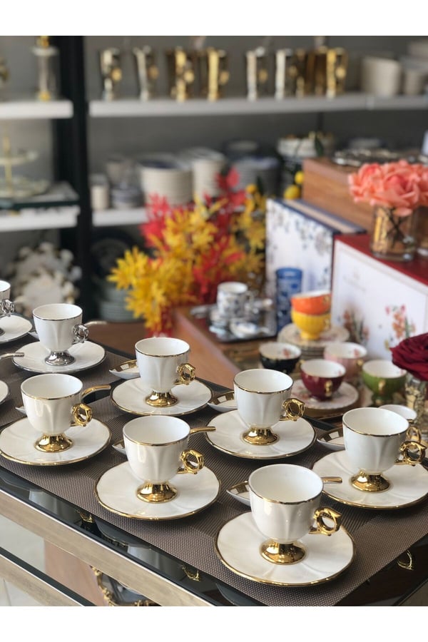 6 Kişilik Gold Detaylı Kahve Fincan Takımı - 6 Kişilik Gold Porselen Kahve Fincan Takımı 90 ml RSY-271