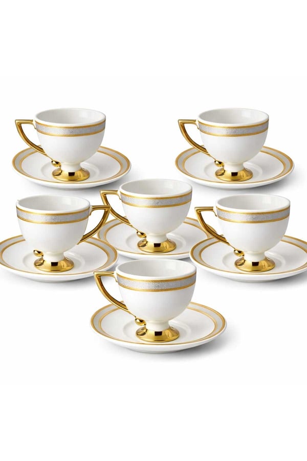 6 Kişilik Gold Gümüş Detaylı Kahve Fincanı Takımı- Buenos Gümüş Desenli Porselen Fincan Seti