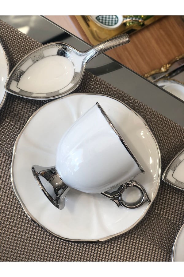 6 Kişilik Porselen Platin Yaldızlı Kahve Fincan Takımı - 6 Kişilik Gümüş Detaylı Kahve Fincan Takımı RSY-270