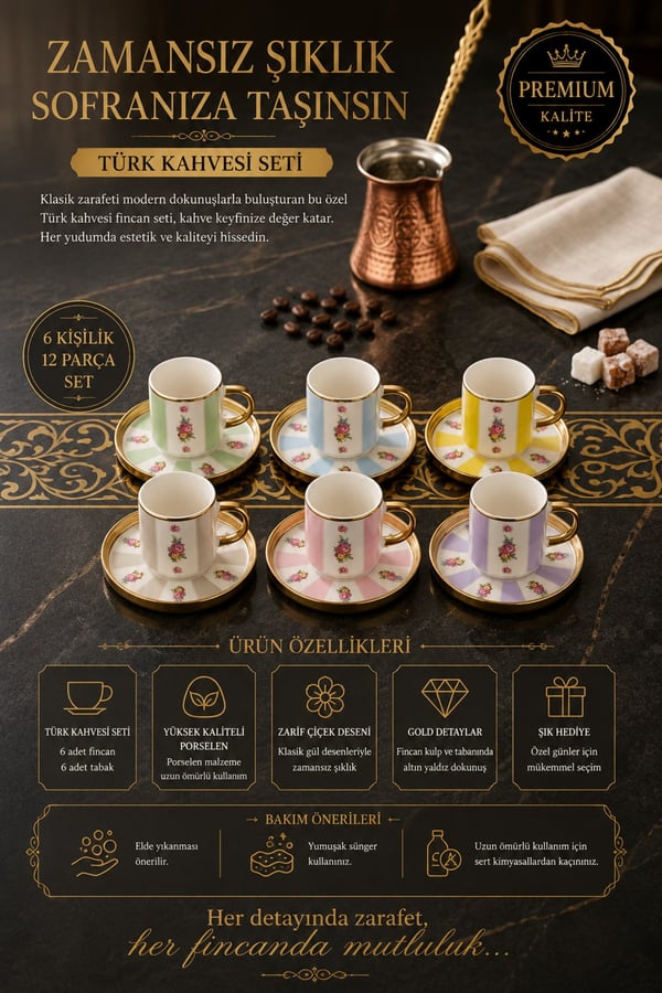 6 Kişilik Renkli Çiçekli Fincan Takımı- Balsa 6 Kişilik Çiçekli Çok Renkli Fincan Seti