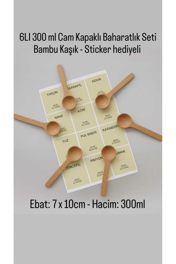 6’lı Akasya Kapaklı Cam Baharatlık Seti – Ahşap Kaşık + Etiketli Düzen Seti-Mien Baharatlık