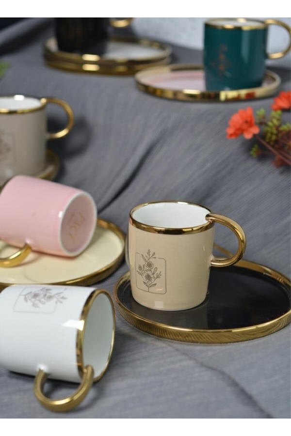 6’lı Gold Detaylı Porselen Türk Kahvesi Fincan Takımı–Pastel Renkli, Çiçek Desenli Fincanı Seti
