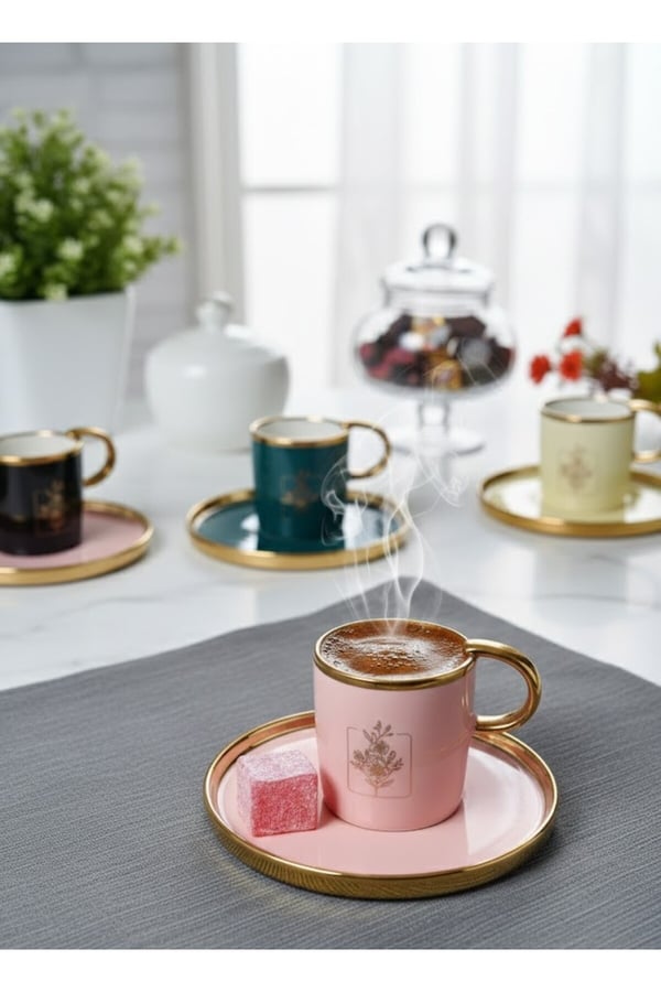 6’lı Gold Detaylı Porselen Türk Kahvesi Fincan Takımı–Pastel Renkli, Çiçek Desenli Fincanı Seti