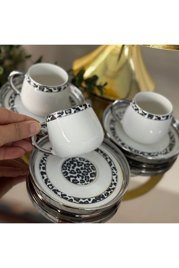 6’lı Gümüş Leopar Desenli Fincan Takımı-Buenos Porselen Gold Kulplu Leopar Desenli Fincan Takımı