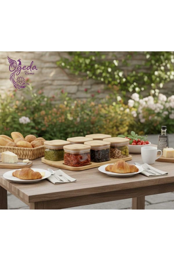 6’lı Kare Cam Saklama Kabı Seti – Bambu Kapaklı 240 ml Kavanoz – Kahvaltılık & Çerezlik Seti